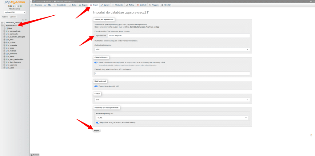 Import WordPress databáze přes phpMyAdmin