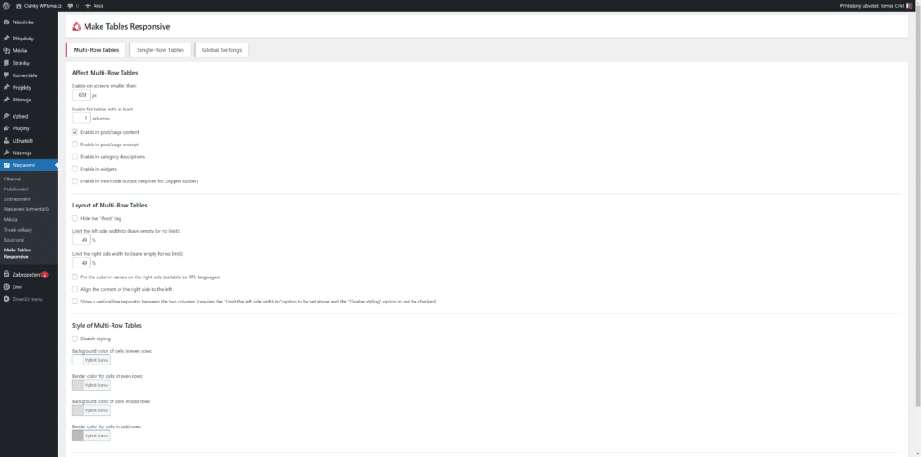 Nastavení Make Tables Responsive