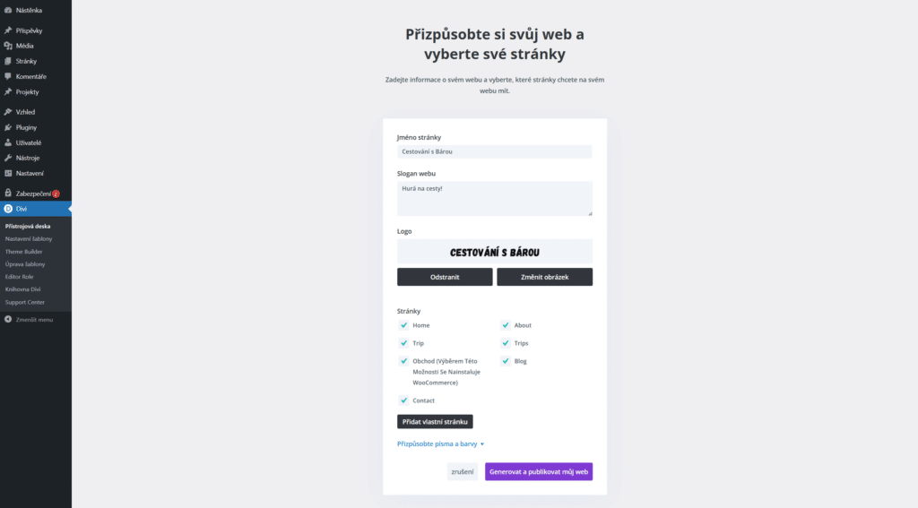 Přizpůsobení webu s Divi Starter Sites