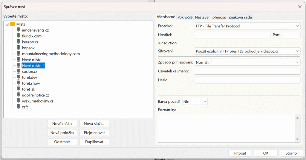 Přidání FTP Filezilla