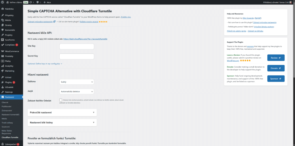 Nastavení pluginu Simple CAPTCHA Alternative with Cloudflare Turnstile