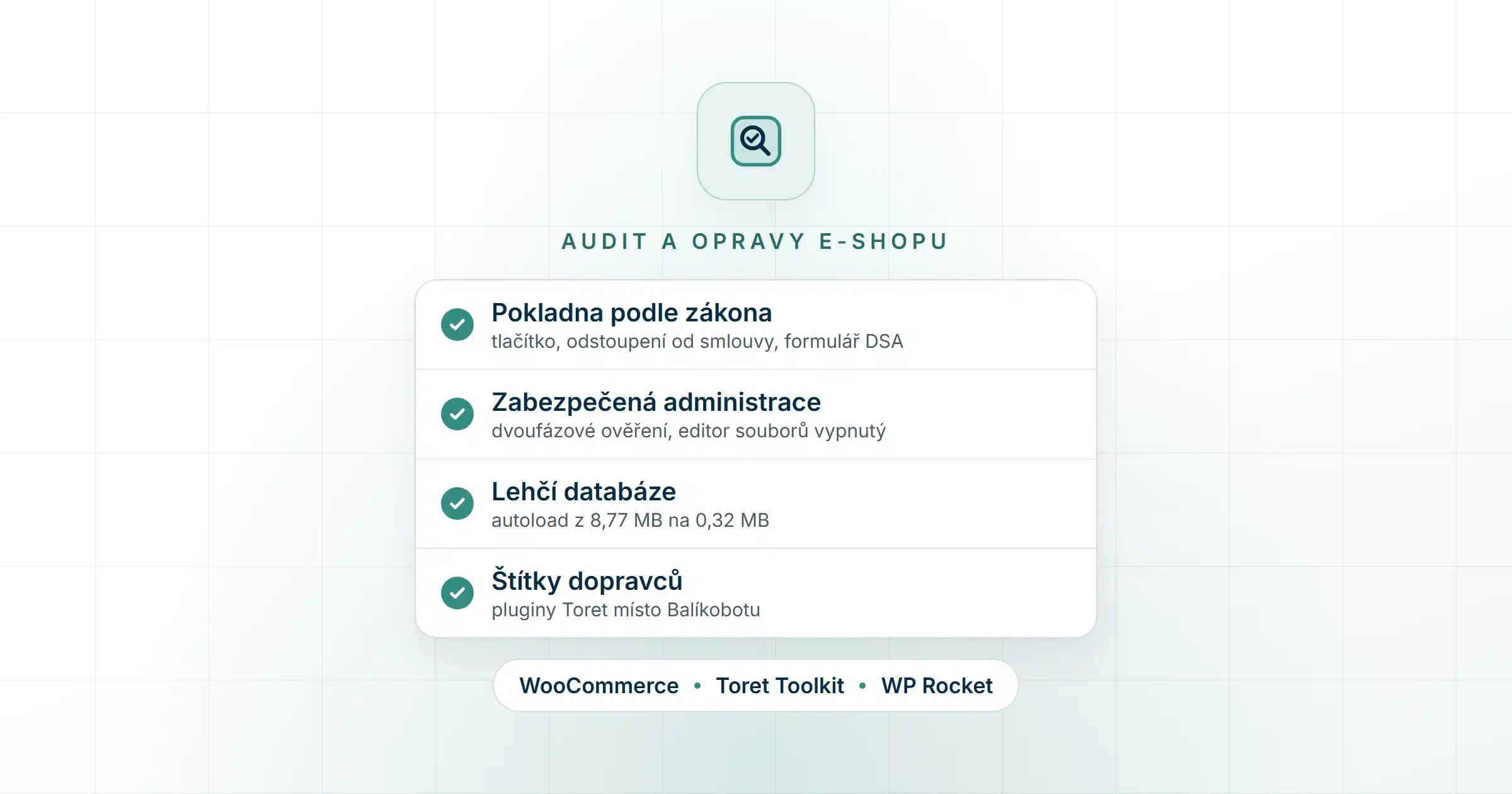 Audit a opravy e-shopu na WooCommerce: pokladna podle zákona a DSA, zabezpečení administrace s dvoufázovým ověřením, autoload z 8,77 MB na 0,32 MB a štítky dopravců přes pluginy Toret