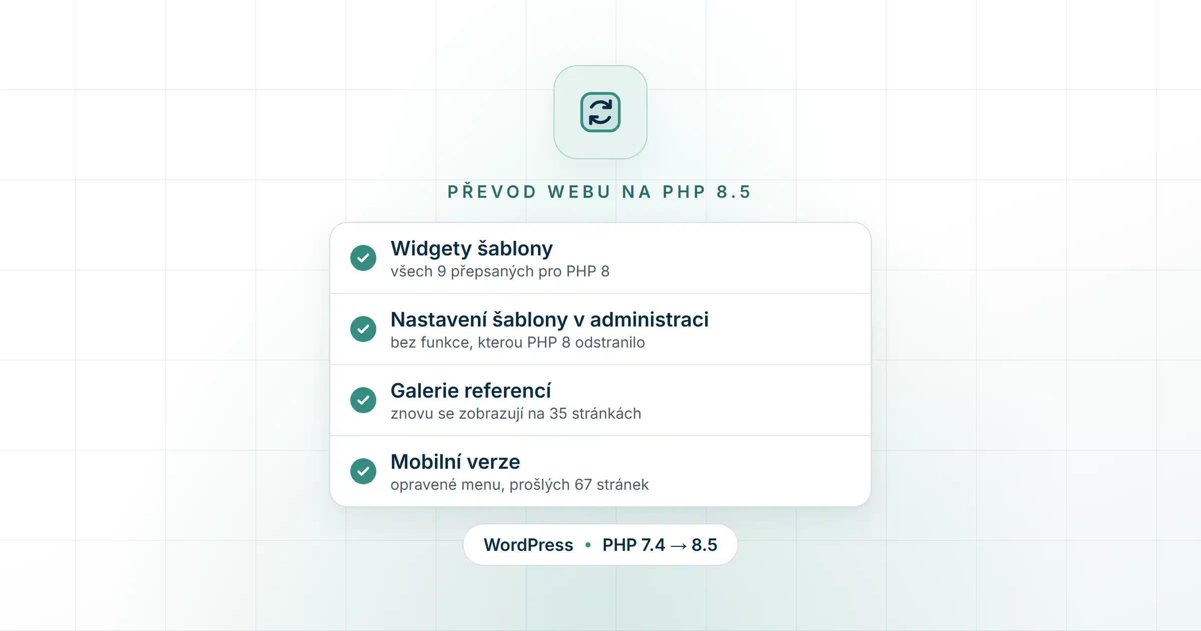 Převod webu z PHP 7.4 na 8.5: všech 9 widgetů šablony přepsaných pro PHP 8, nastavení šablony v administraci bez funkce, kterou PHP 8 odstranilo, galerie referencí znovu na 35 stránkách a mobilní verze s opraveným menu