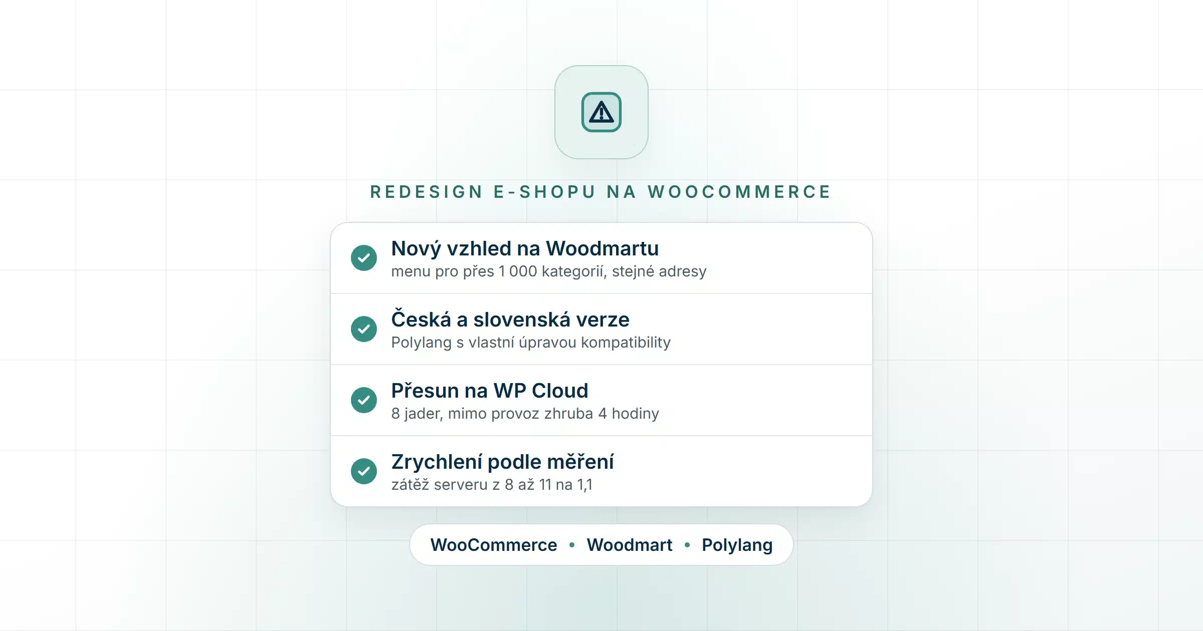 Redesign e-shopu na WooCommerce: nový vzhled na šabloně Woodmart s menu pro přes 1 000 kategorií, česká a slovenská verze přes Polylang, přesun na výkonnější server a zrychlení, zátěž serveru z 8 až 11 na 1,1