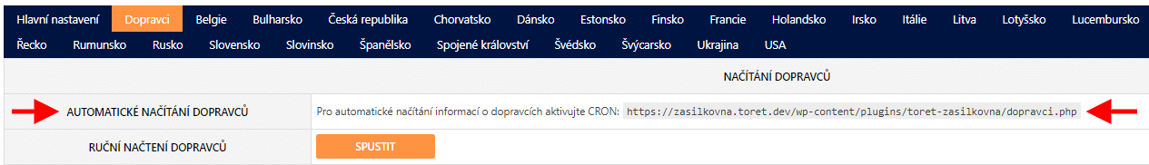 Toret Zásilkovna CRON pro atuomatické načítání dopravců