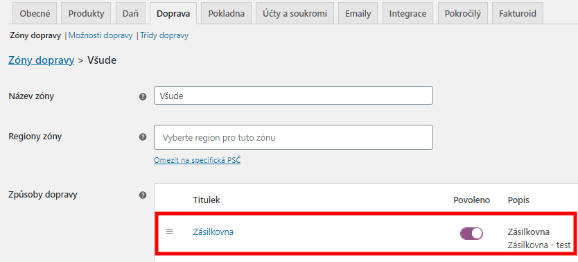 Toret Zásilkovna WooCommerce způsob dopravy